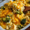 cheesy chicken broccoli rice casserole baked with cheddar and crispy topping