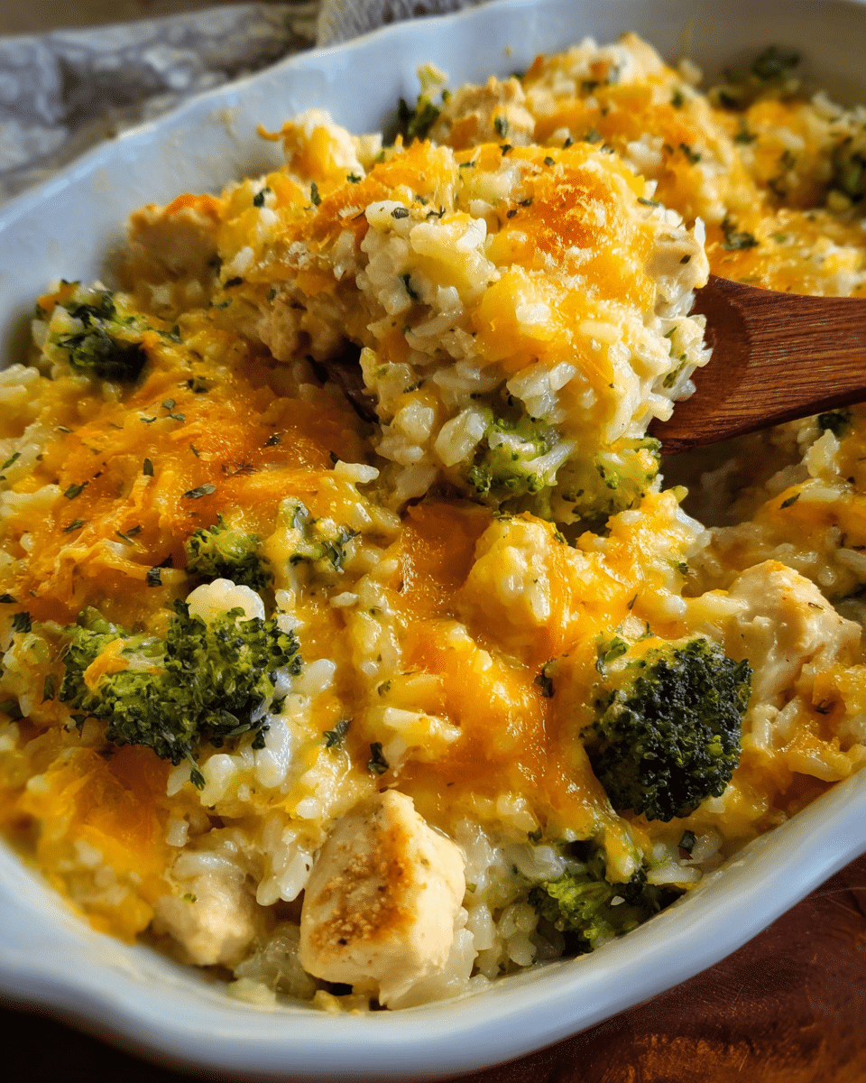 cheesy chicken broccoli rice casserole baked with cheddar and crispy topping