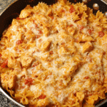 cheesy chicken pasta skillet served hot with melted cheese