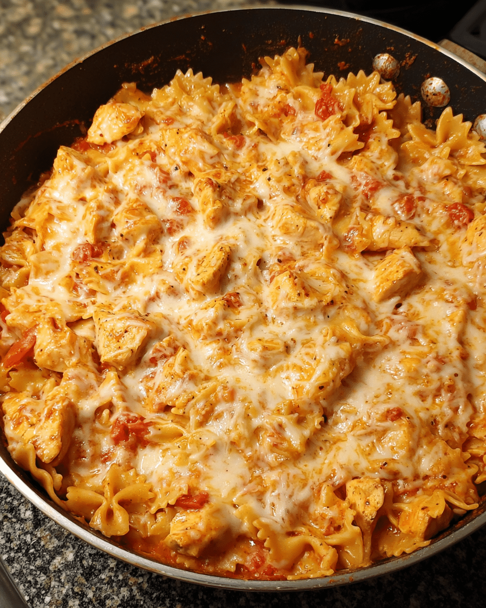 cheesy chicken pasta skillet served hot with melted cheese