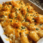 Golden cheesy chicken tater tot casserole fresh from the oven