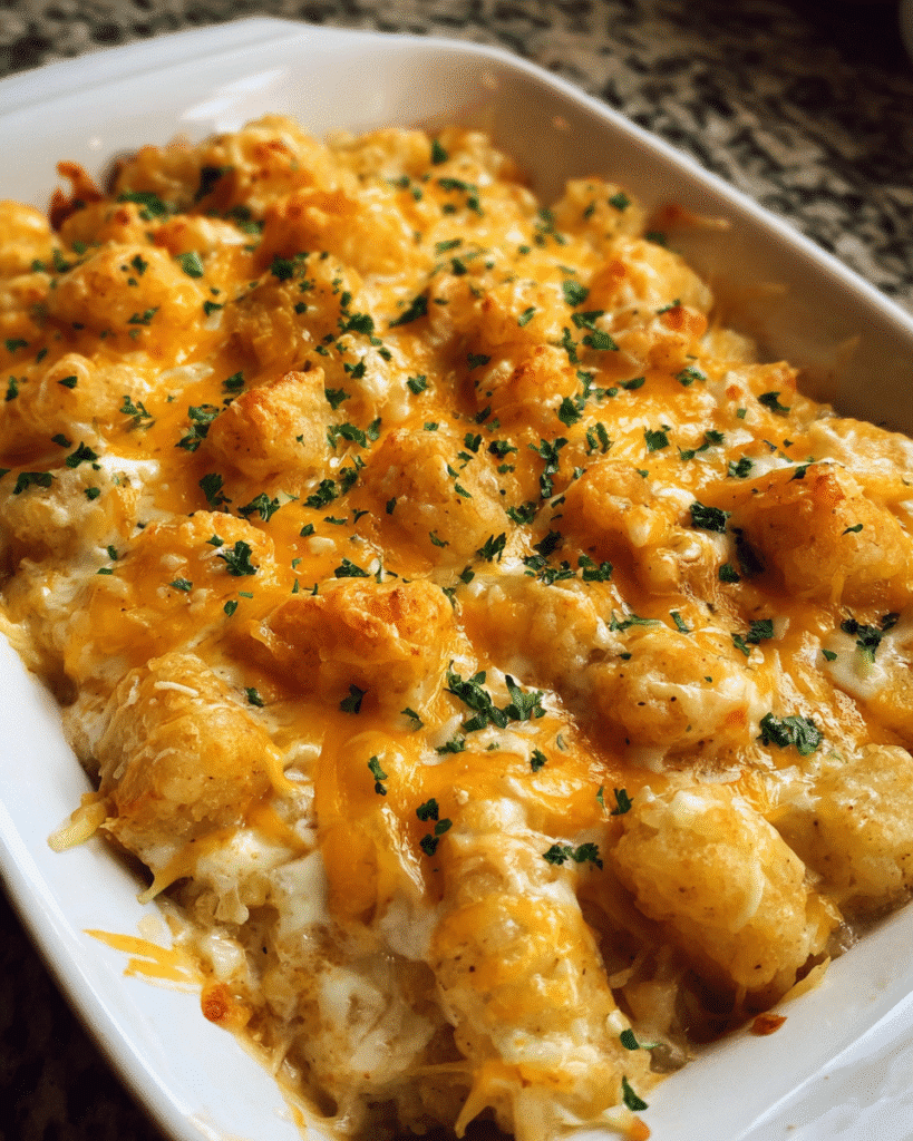 Golden cheesy chicken tater tot casserole fresh from the oven