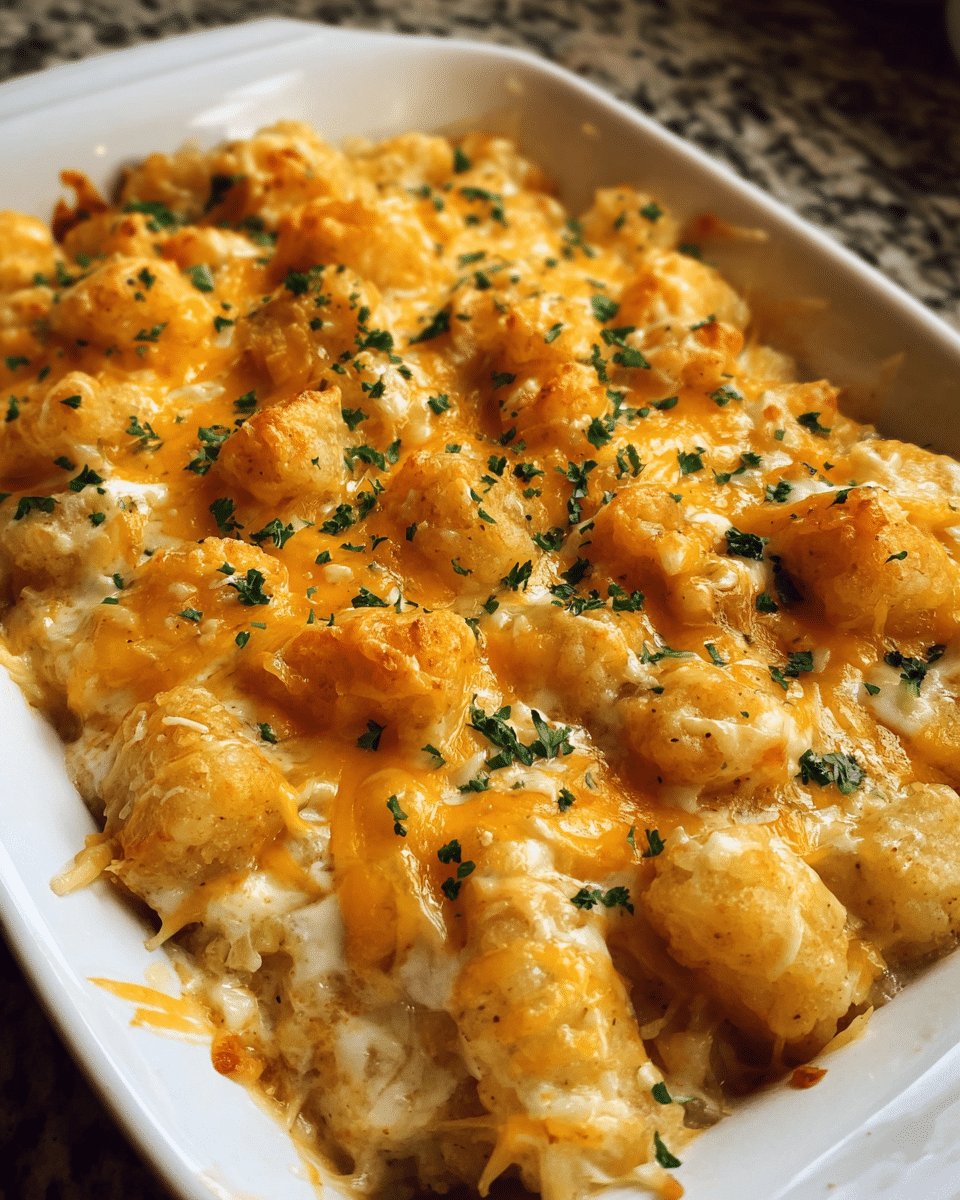 Golden cheesy chicken tater tot casserole fresh from the oven