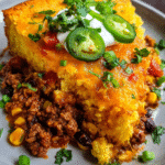 Cheesy chili cornbread bake served warm with melted cheddar and toppings