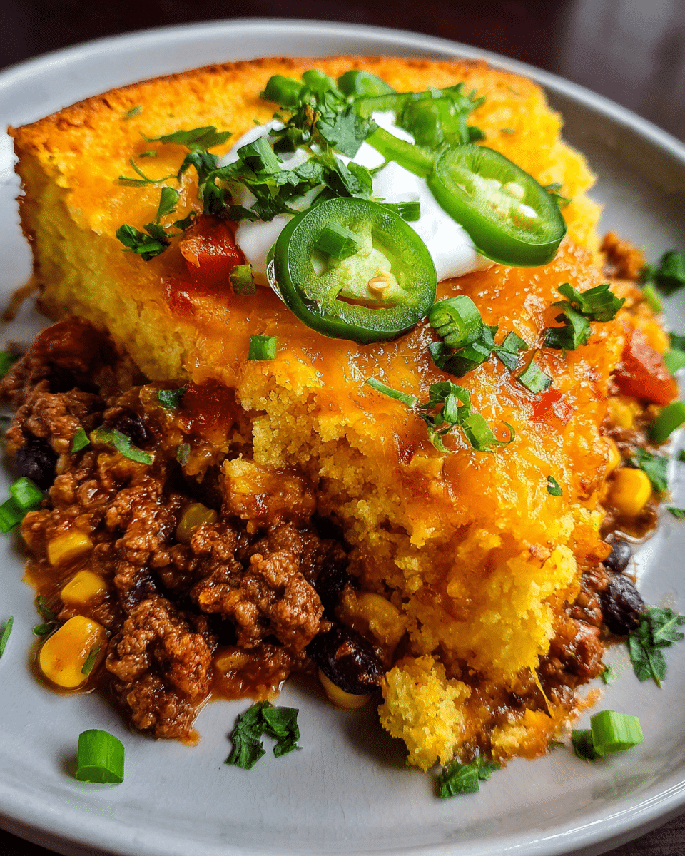 Cheesy chili cornbread bake served warm with melted cheddar and toppings
