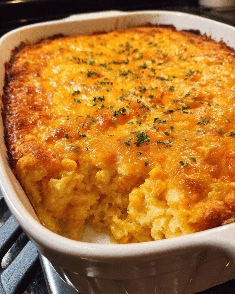 cheesy creamy corn bake fresh from oven