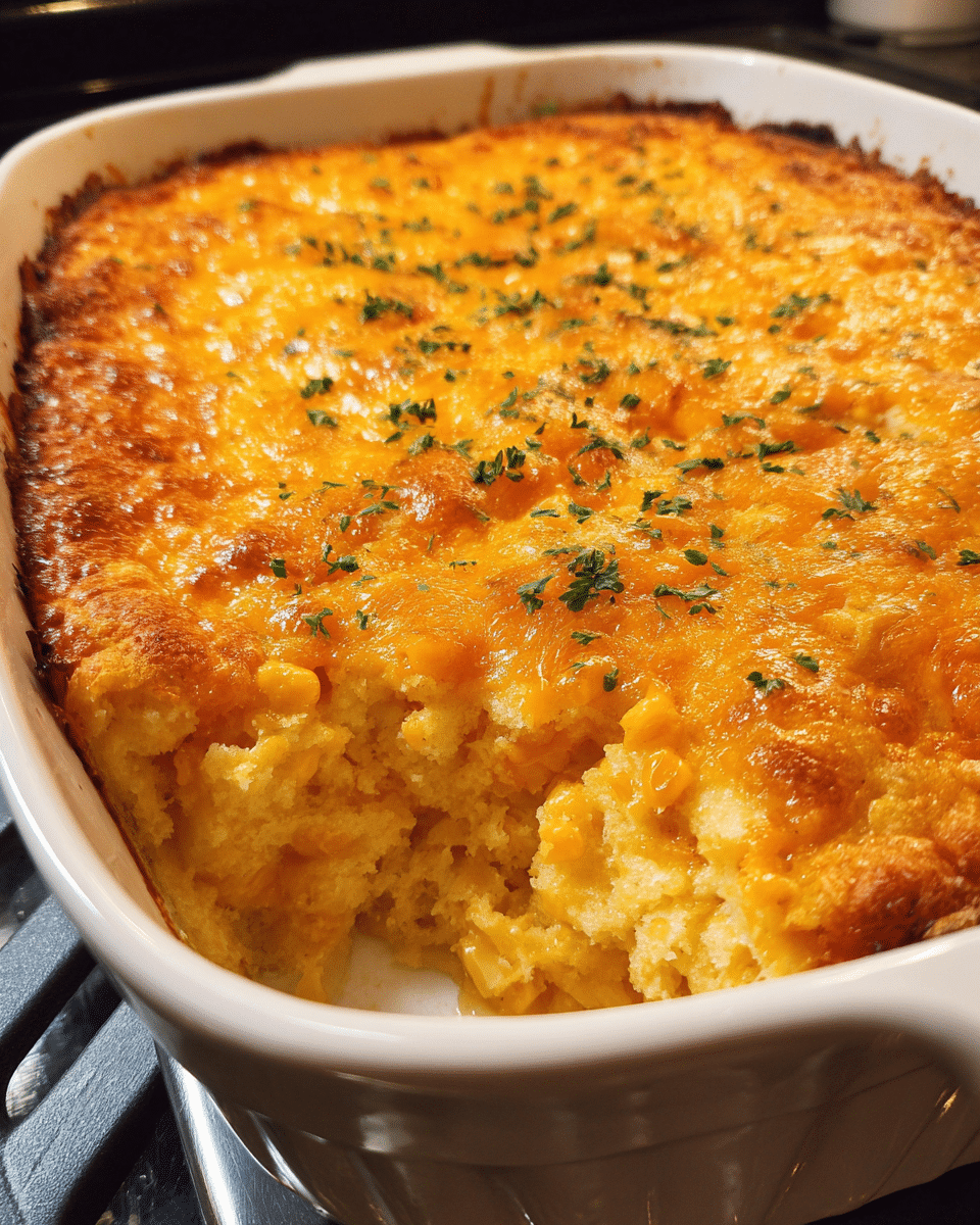 cheesy creamy corn bake fresh from oven