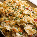 Golden cheesy creamy pasta bake fresh from the oven