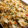 Golden cheesy creamy pasta bake fresh from the oven