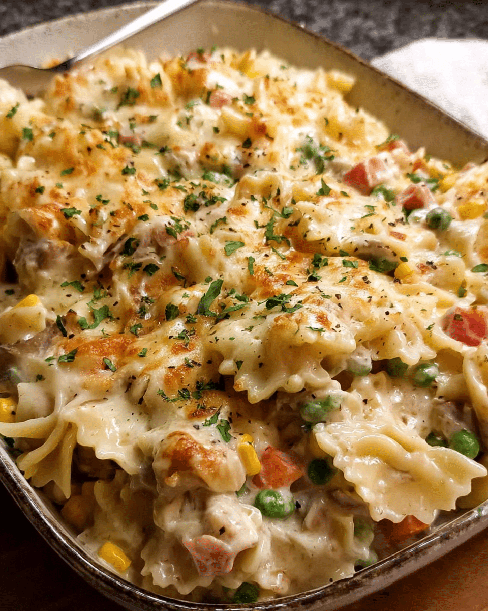 Golden cheesy creamy pasta bake fresh from the oven