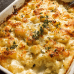 Golden cheesy creamy potato casserole baked with cheddar and mozzarella