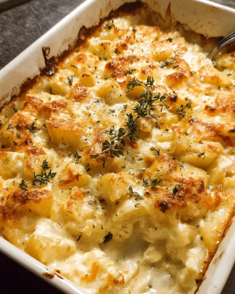Golden cheesy creamy potato casserole baked with cheddar and mozzarella