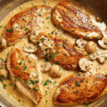 Creamy cheesy garlic chicken bake served in a skillet with parsley garnish