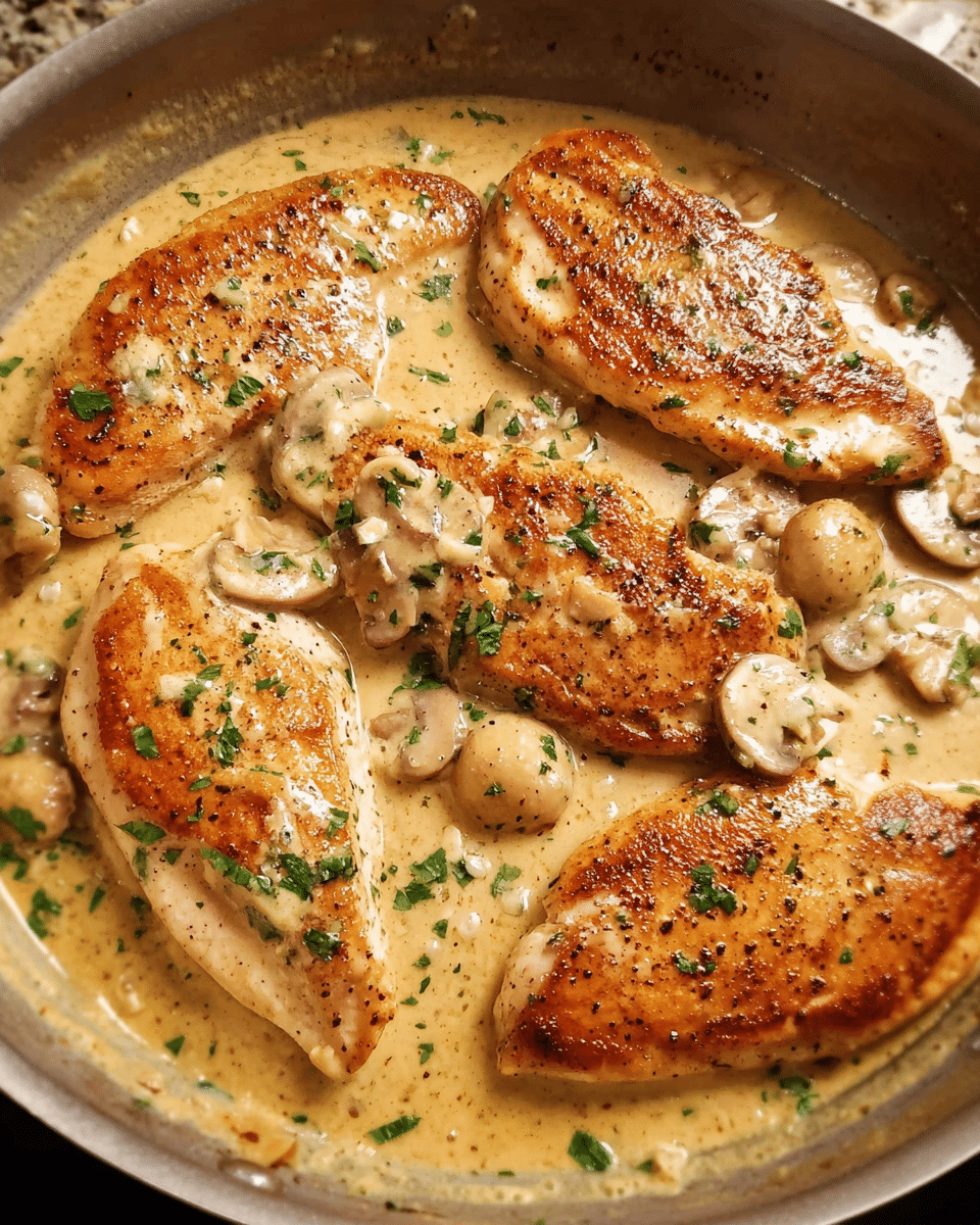 Creamy cheesy garlic chicken bake served in a skillet with parsley garnish