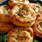 Freshly baked cheesy garlic pinwheels on a serving platter