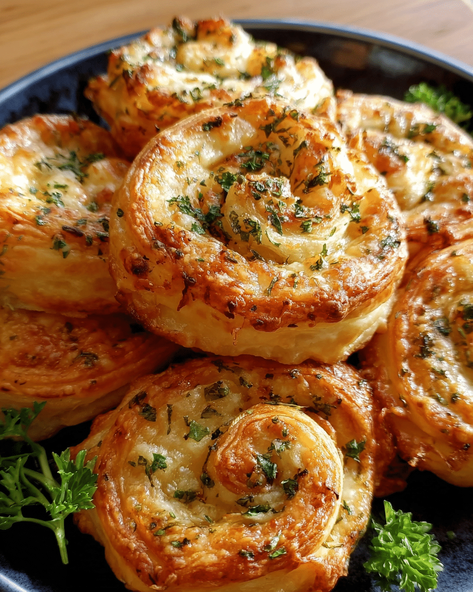 Freshly baked cheesy garlic pinwheels on a serving platter