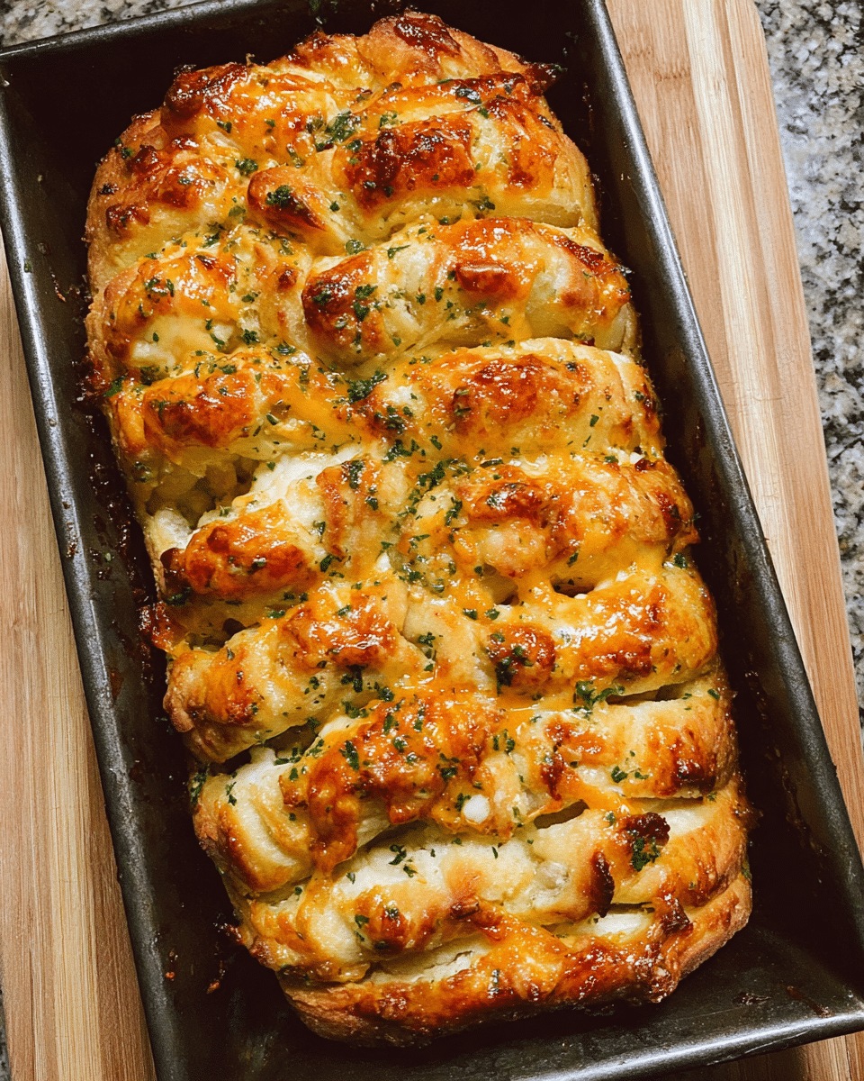 Fresh cheesy garlic pull apart bread in a loaf pan