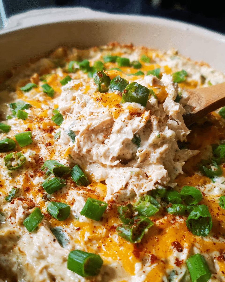 Creamy cheesy jalapeño popper casserole topped with melted cheddar and fresh green onions
