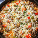 cheesy philly cheesesteak casserole baked with provolone cheese and peppers