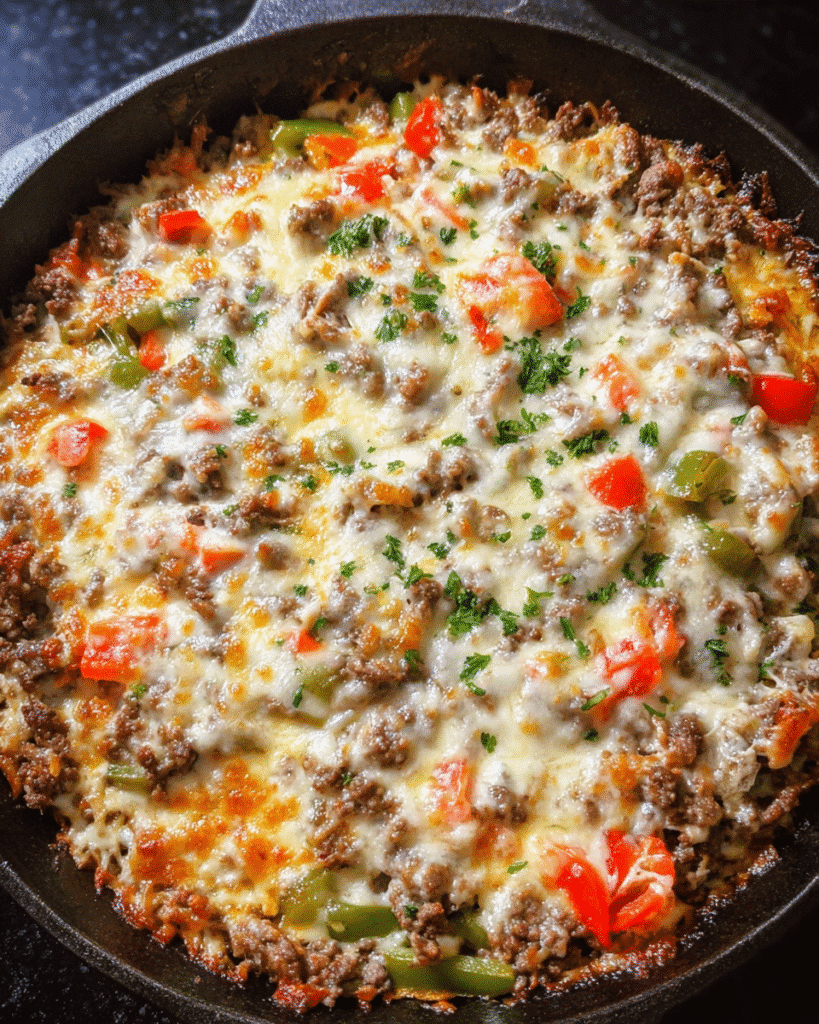 cheesy philly cheesesteak casserole baked with provolone cheese and peppers