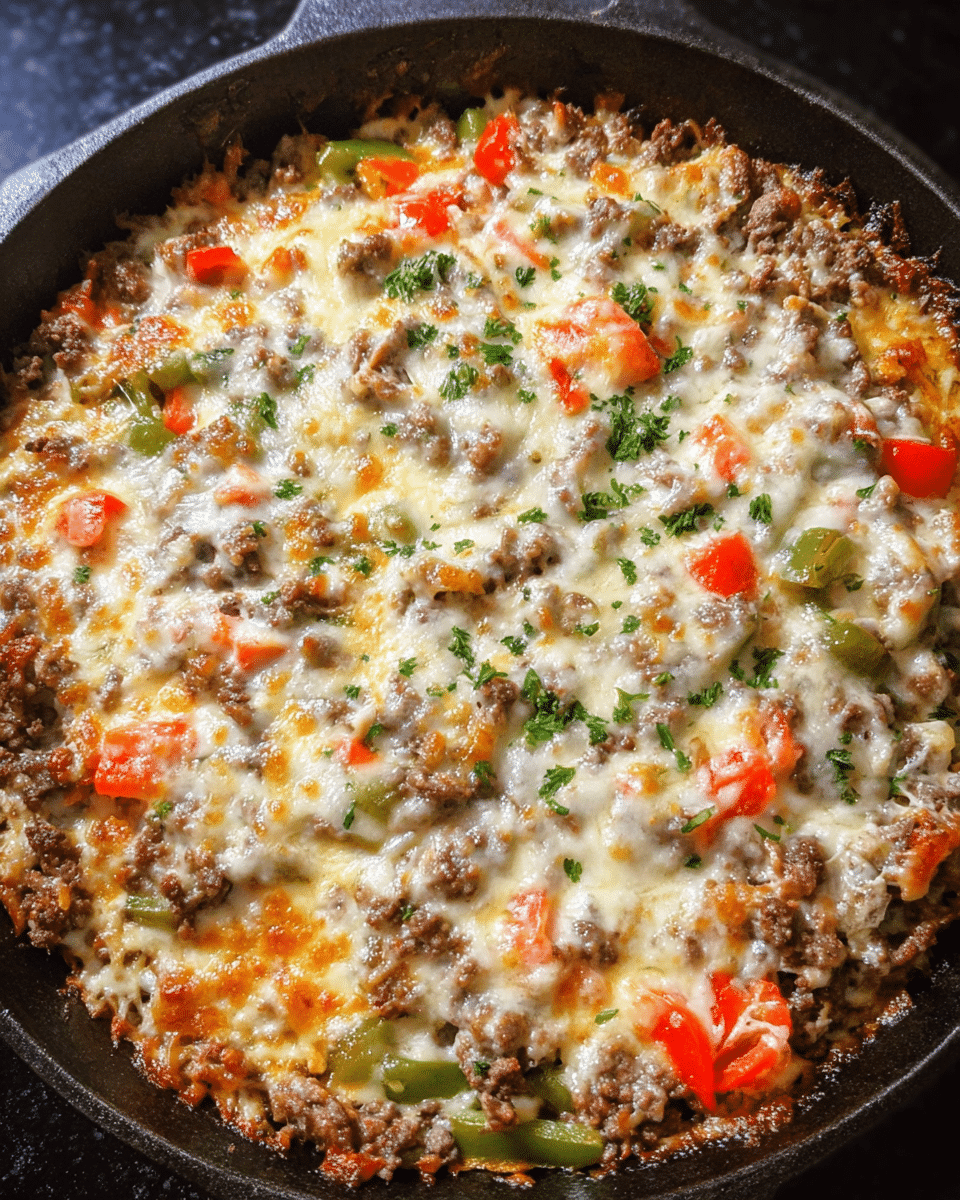 cheesy philly cheesesteak casserole baked with provolone cheese and peppers