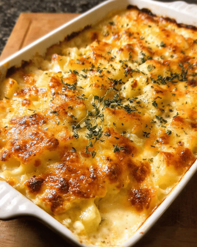 Golden cheesy potato bake fresh from oven