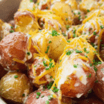 Golden cheesy ranch potato bake topped with melted cheese and fresh chives