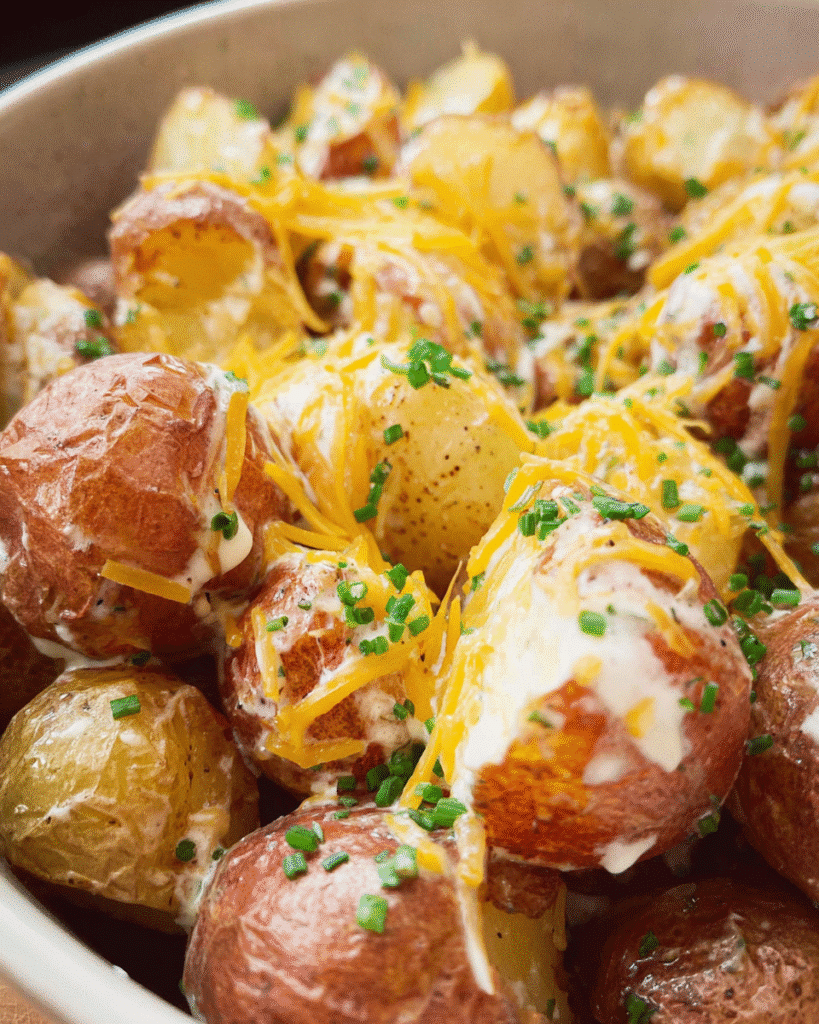 Golden cheesy ranch potato bake topped with melted cheese and fresh chives
