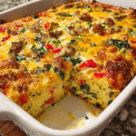 Cheesy sausage breakfast skillet baked with eggs, hash browns, spinach, and cheddar cheese