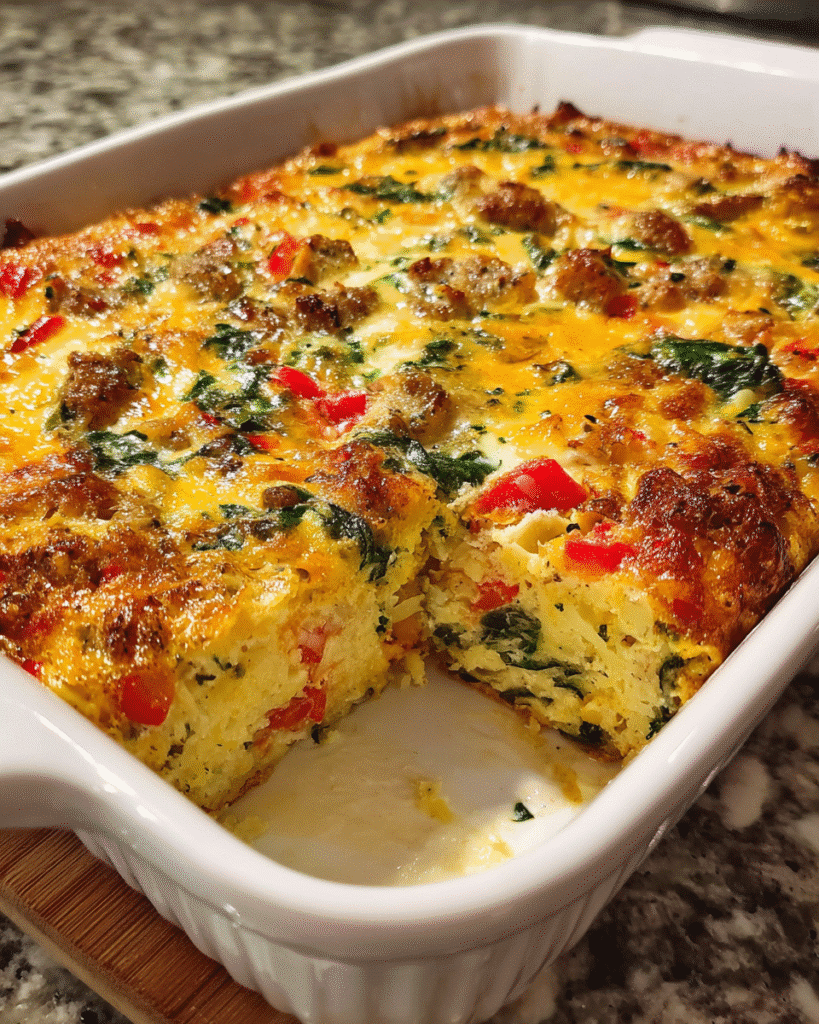 Cheesy sausage breakfast skillet baked with eggs, hash browns, spinach, and cheddar cheese