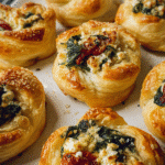 Freshly baked cheesy spinach puffs with flaky puff pastry and creamy spinach filling