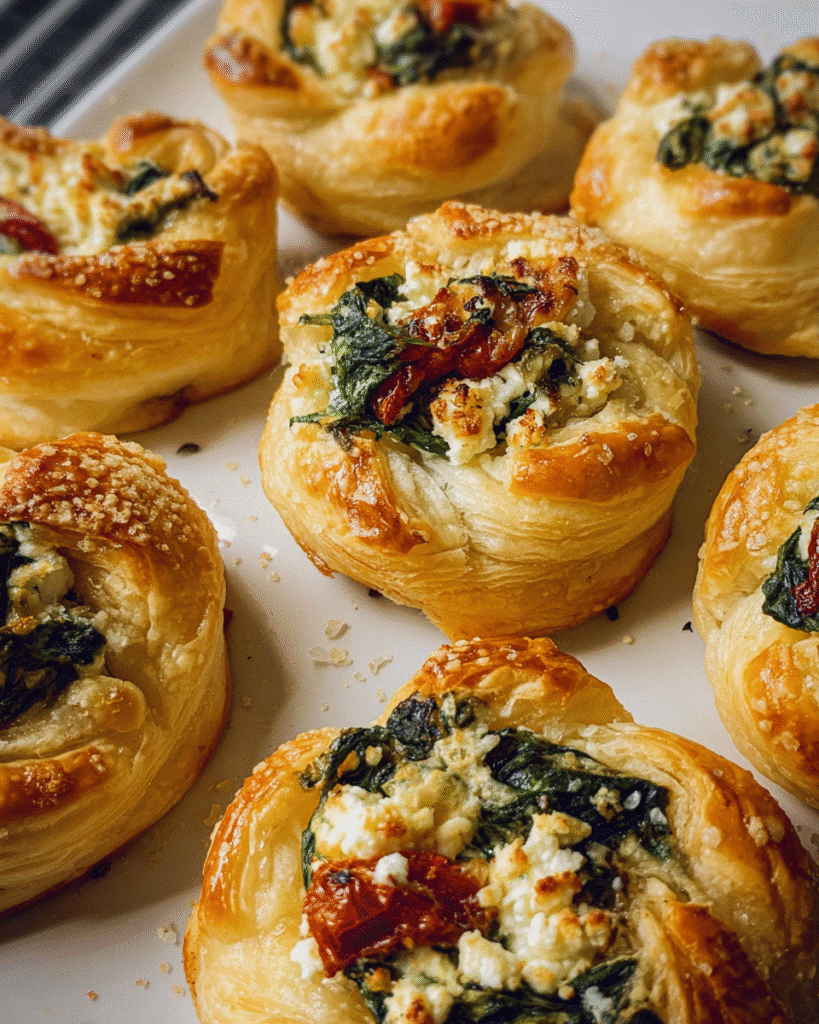 Freshly baked cheesy spinach puffs with flaky puff pastry and creamy spinach filling