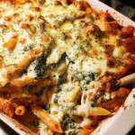Freshly baked cheesy spinach ricotta pasta casserole with melted mozzarella