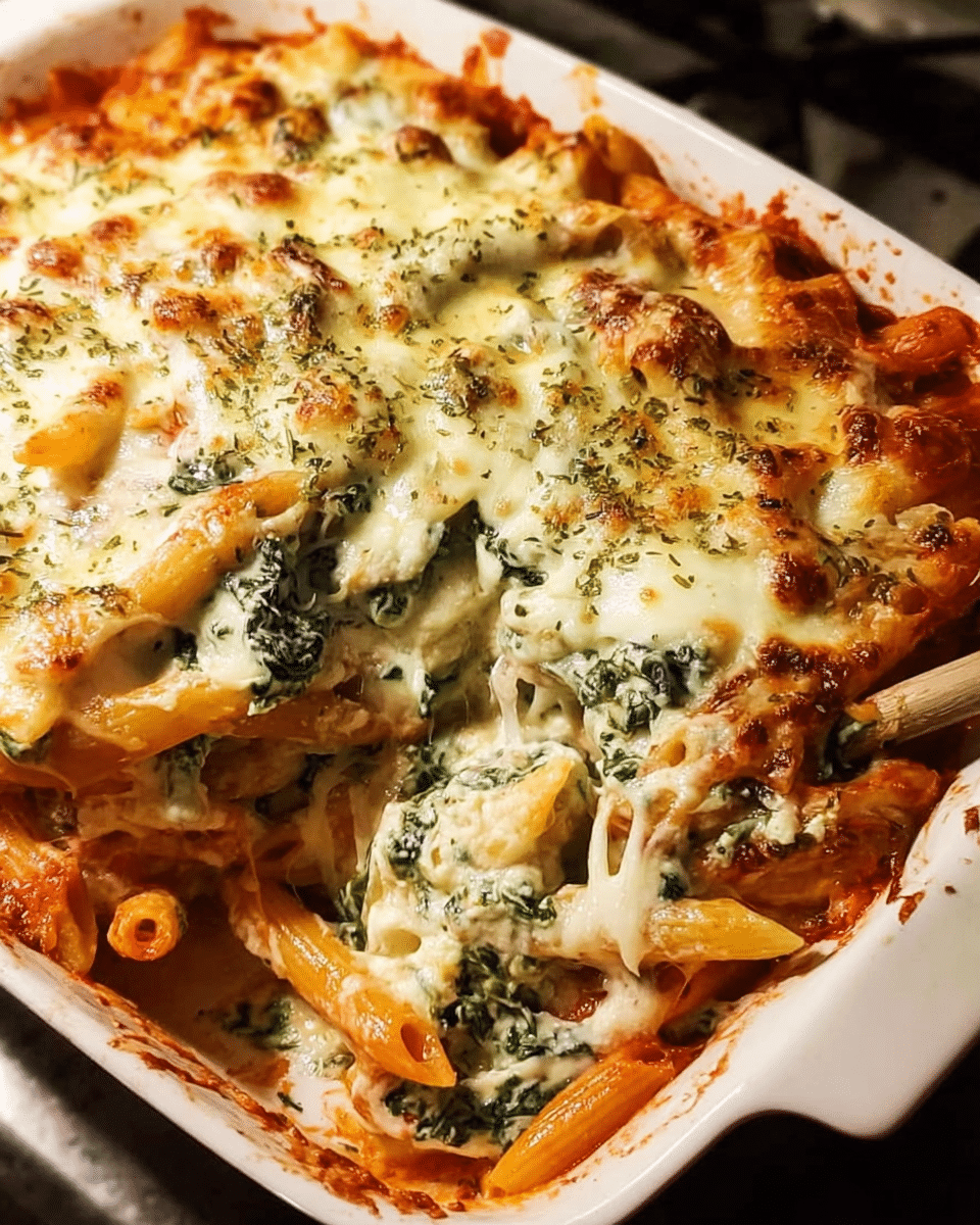 Freshly baked cheesy spinach ricotta pasta casserole with melted mozzarella