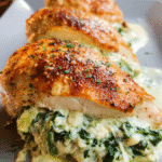 Golden cheesy spinach stuffed chicken on a dinner plate