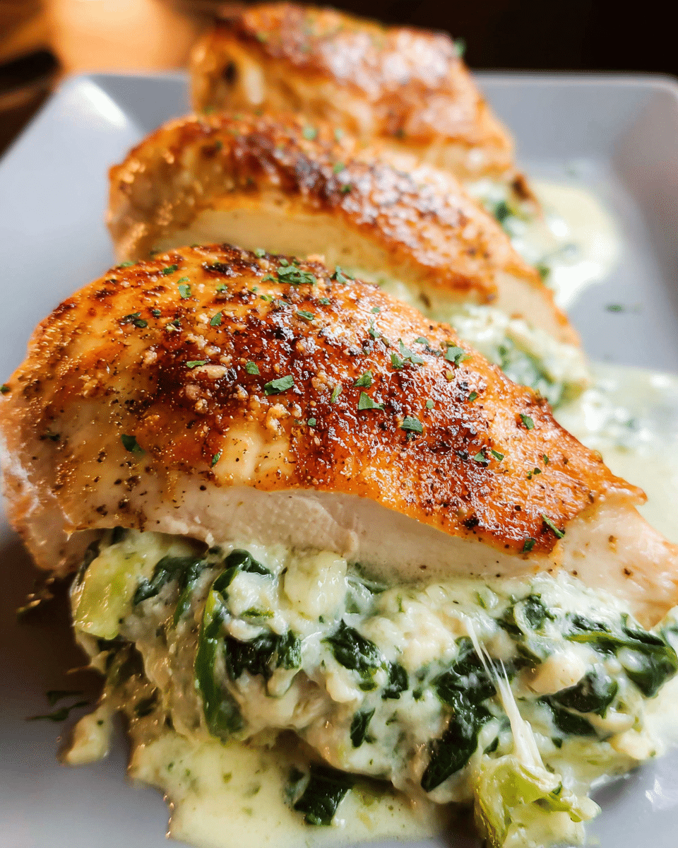 Golden cheesy spinach stuffed chicken on a dinner plate