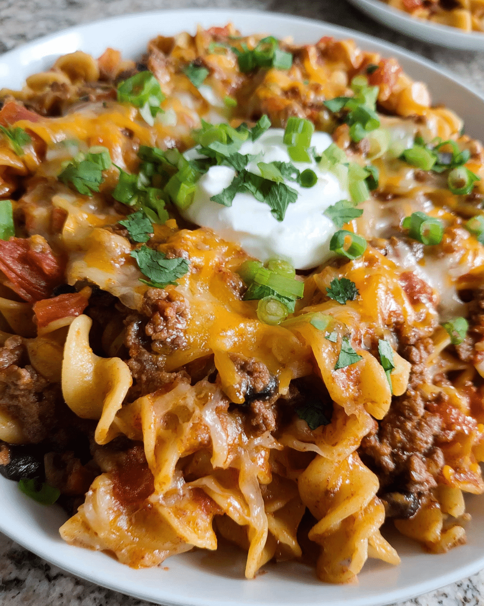 Baked cheesy taco pasta casserole topped with melted cheddar and green onions