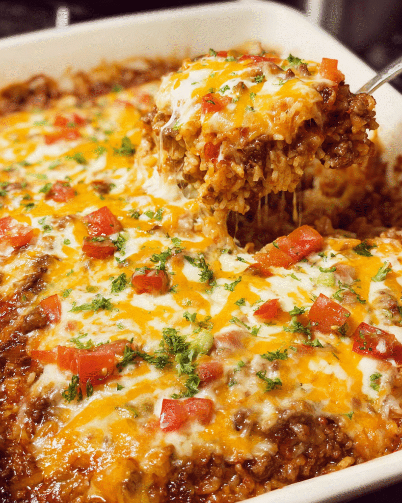 Baked cheesy taco rice casserole topped with melted cheese and fresh cilantro