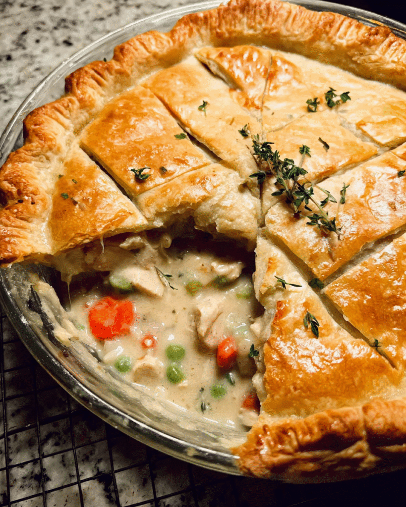 Golden homemade chicken pot pie with flaky crust and creamy filling