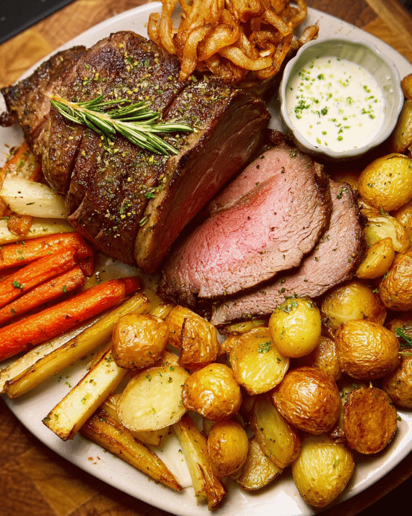 Classic Sunday roast with beef, crispy potatoes, carrots, and gravy