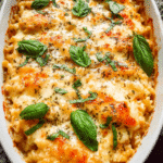 Creamy baked rice casserole with melted cheese and chicken