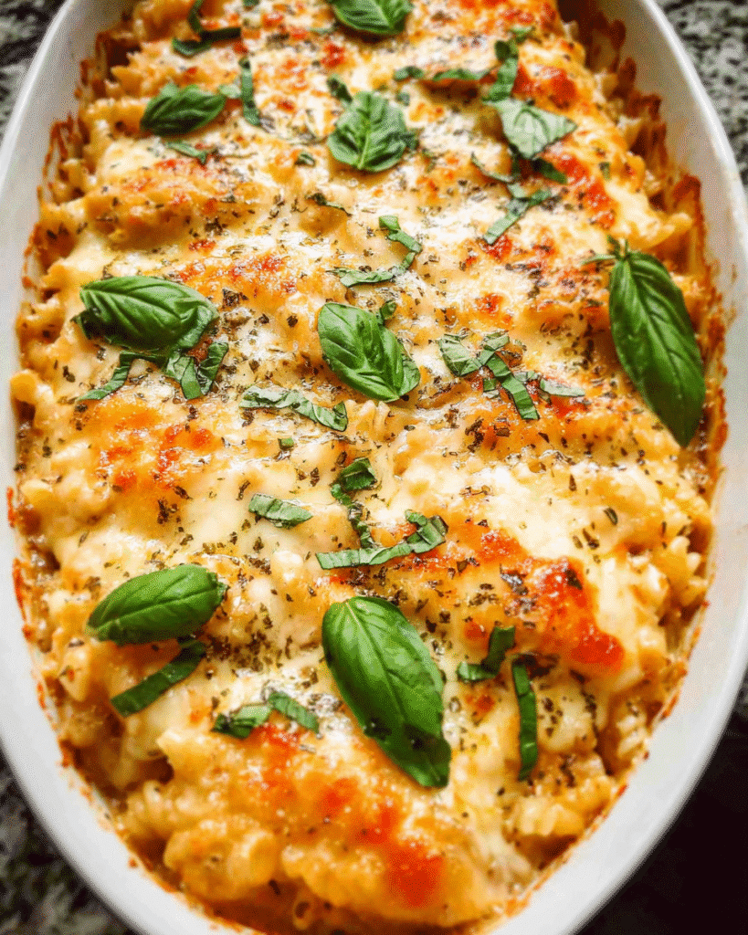 Creamy baked rice casserole with melted cheese and chicken