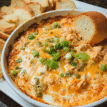 Creamy buffalo chicken dip bake topped with melted golden cheese