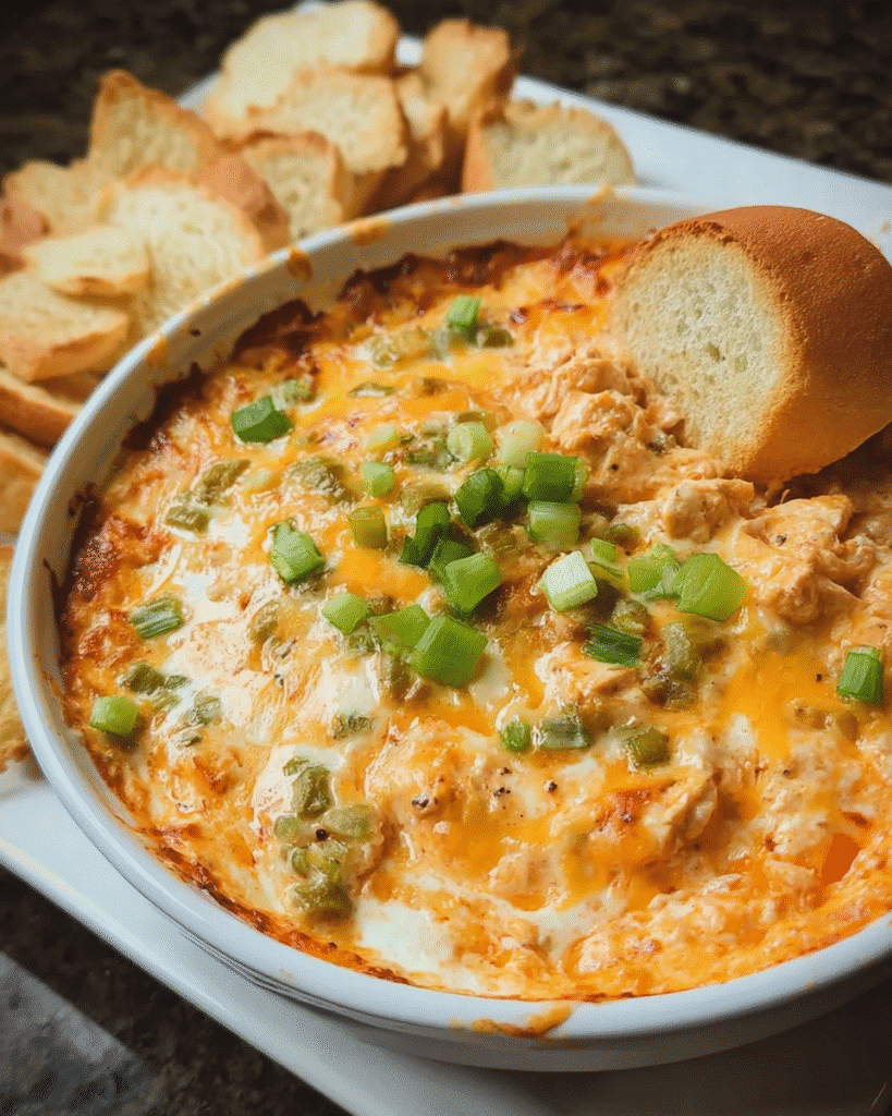 Creamy buffalo chicken dip bake topped with melted golden cheese
