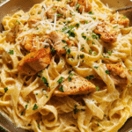Bowl of creamy Cajun chicken Alfredo with Parmesan cheese