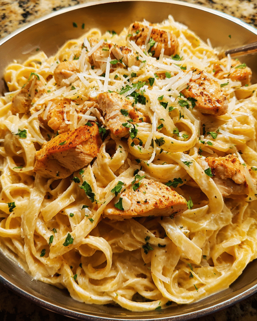 Bowl of creamy Cajun chicken Alfredo with Parmesan cheese