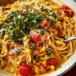 Creamy cajun corn pasta with basil, tomatoes, and Parmesan in a skillet