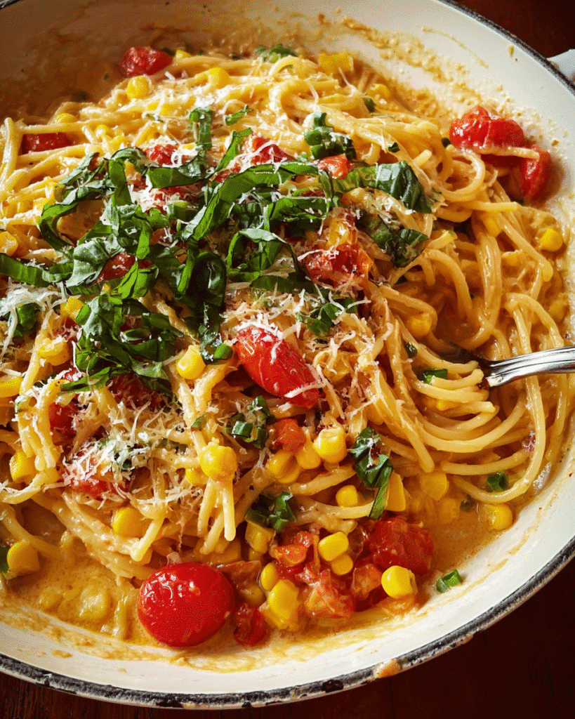 Creamy cajun corn pasta with basil, tomatoes, and Parmesan in a skillet