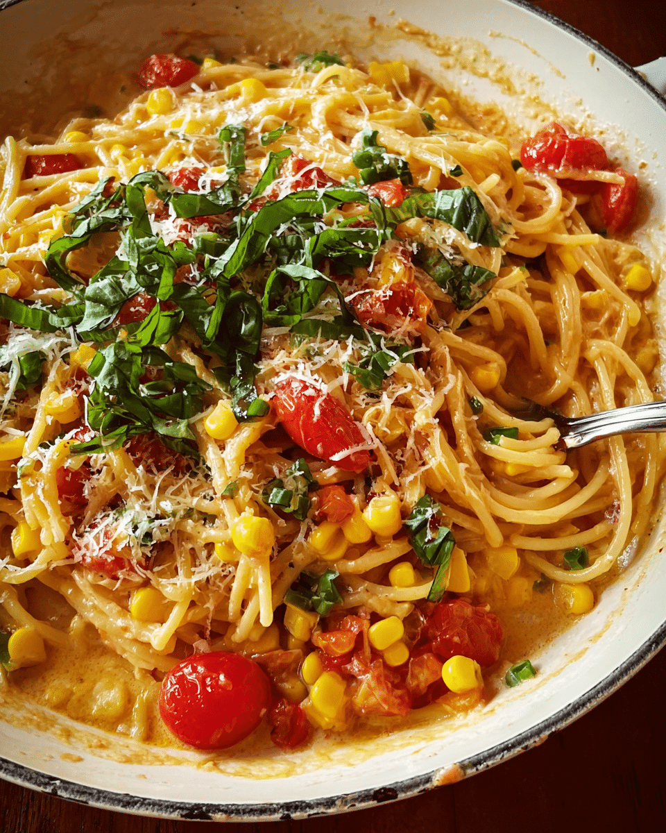 Creamy cajun corn pasta with basil, tomatoes, and Parmesan in a skillet