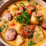 Bowl of creamy Cajun potato soup with smoked sausage and cheddar cheese